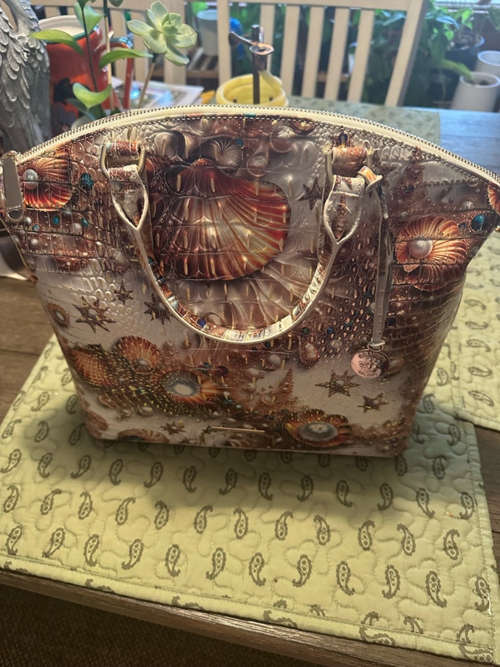 Brahmin Metallic Copper and Cream Seashell-Print Shoulder Bag